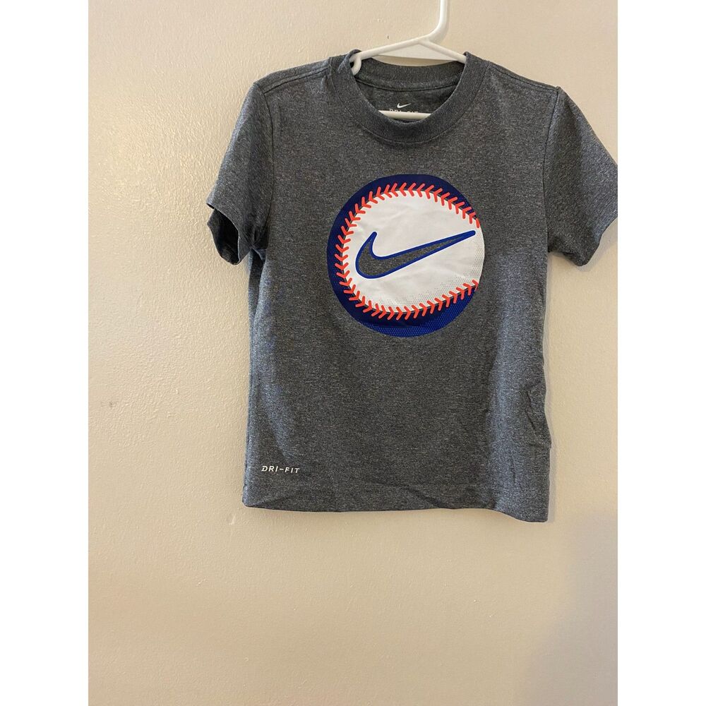Nike Boys Size 5 Dri FIT Gray Baseball Swoosh Graphic T Shirt Athletic Tee 4 5Y